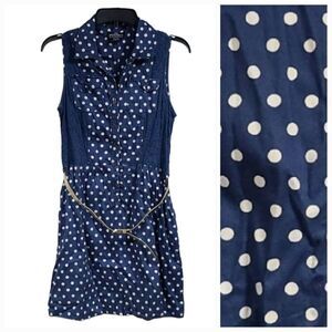 BUCKLE Angie Vintage Blue Polka Dot Belted Sleeveless Button Down Casual Dress